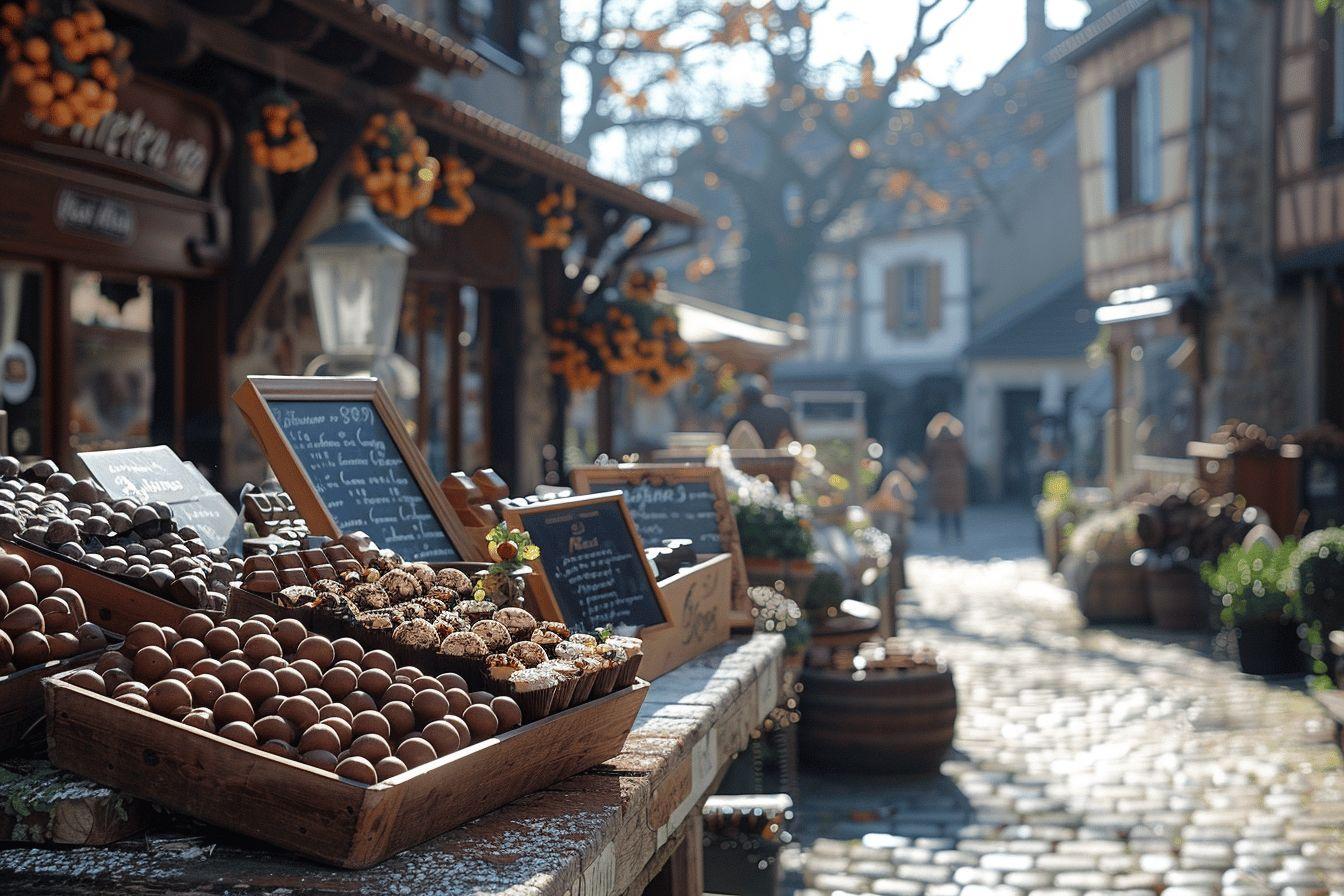 Étal de marché de Noël avec des friandises et décorations.