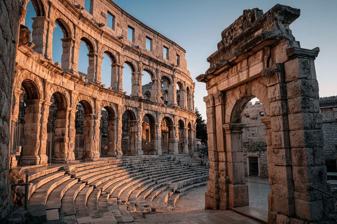Ruines d'un amphithéâtre romain avec arches et gradins