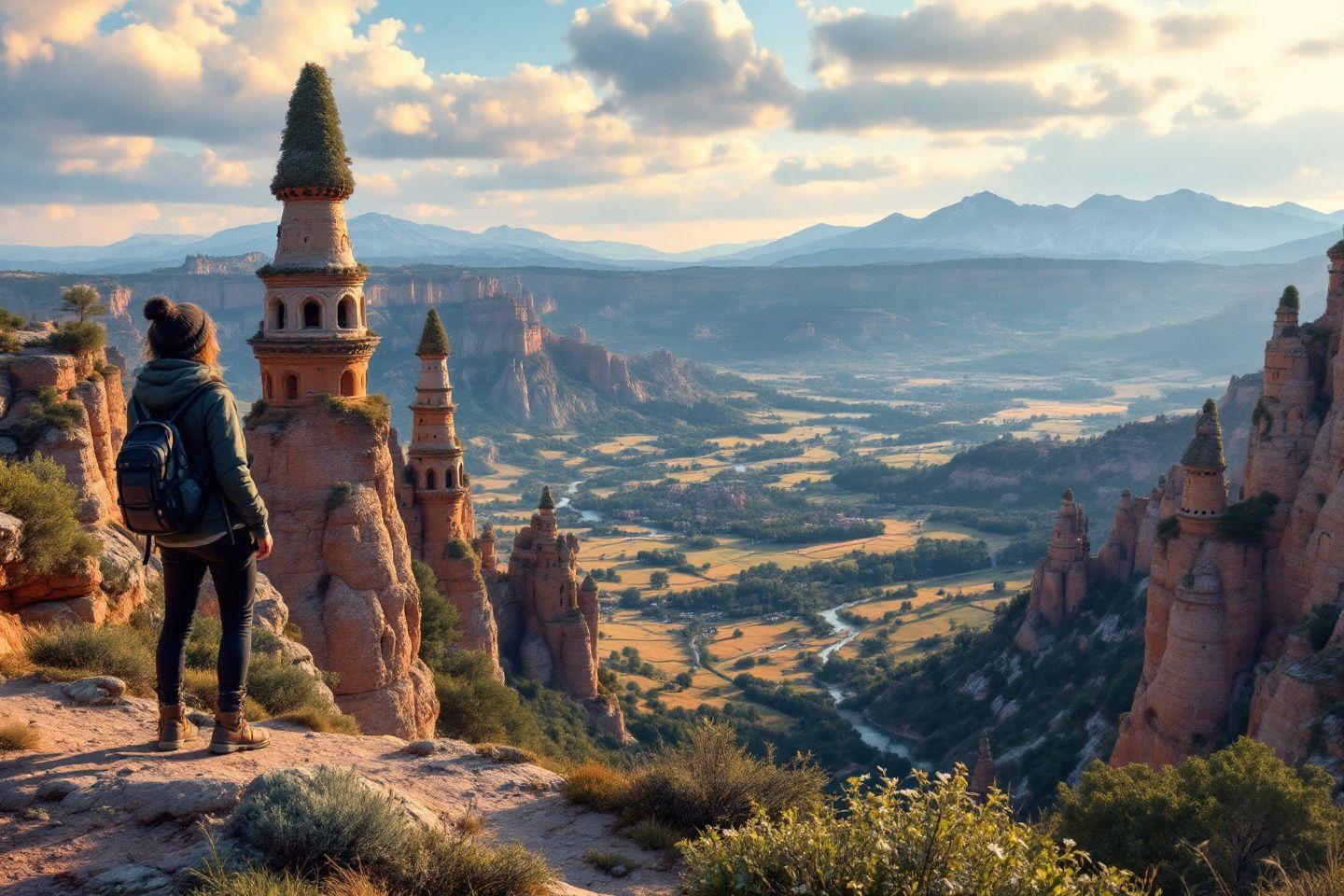 Randonneur admirant des tours rocheuses dans un paysage vallonné