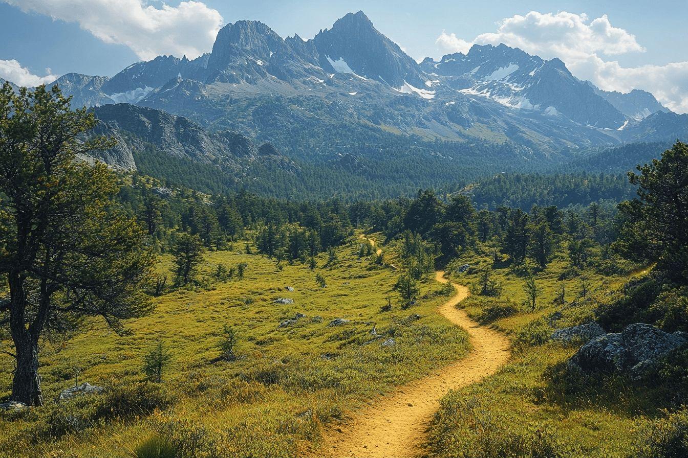 Chemin sinueux menant à des sommets enneigés à travers prairie