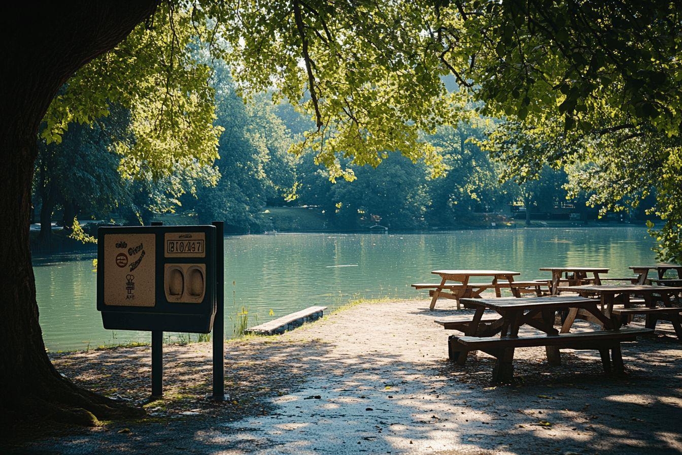 Lac tranquille, bancs en bois sous des arbres verdoyants