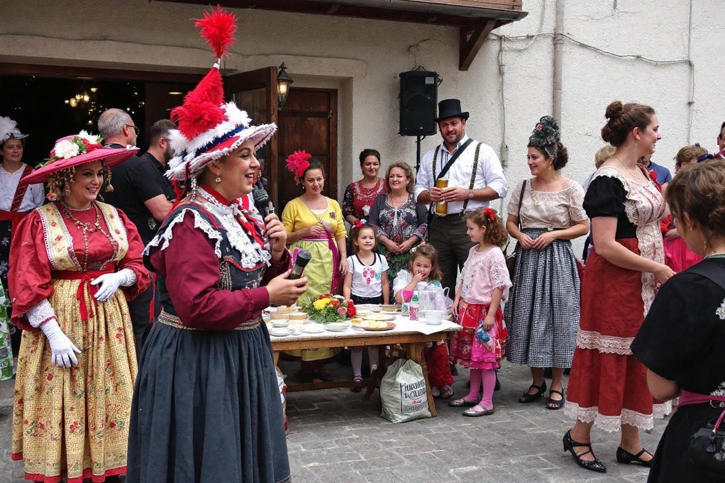 Groupe en costumes folkloriques autour d'une table décorée