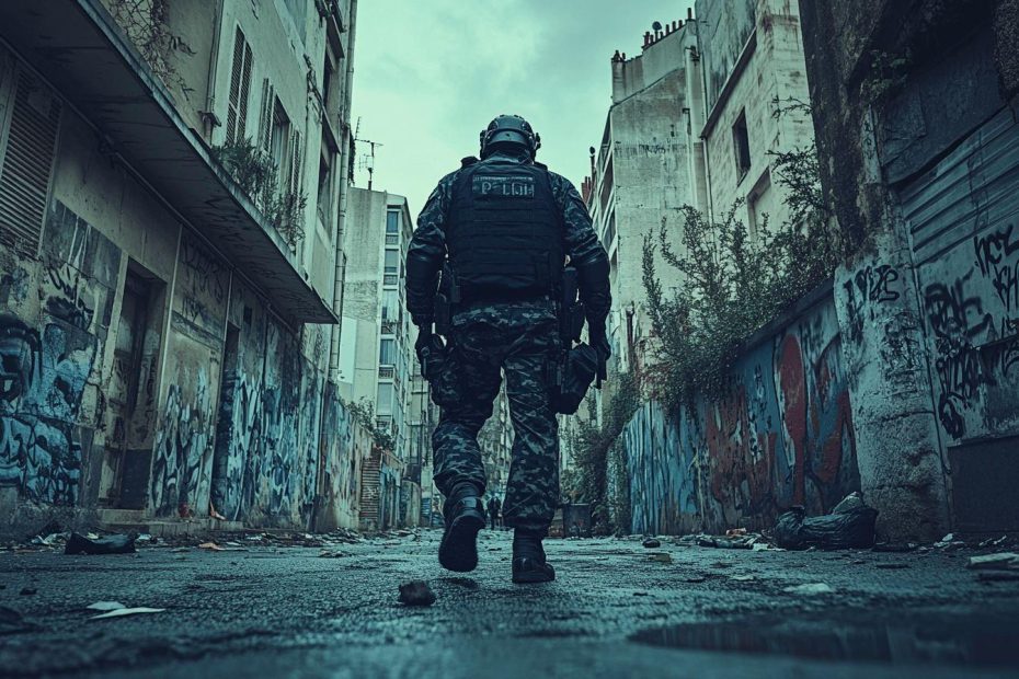 Agent de police en gilet tactique marchant dans une ruelle graffée