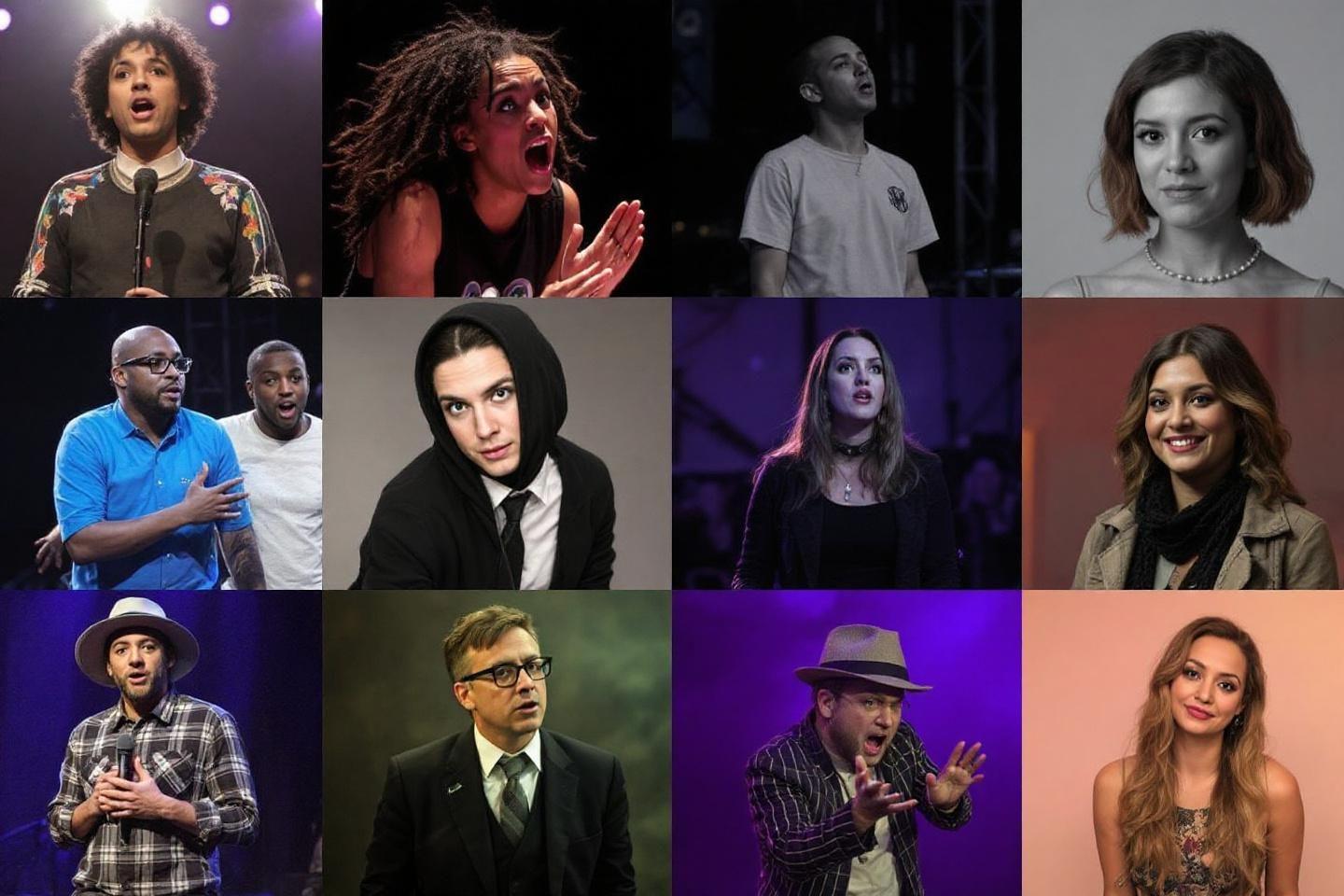Collection de portraits expressifs de performeurs dans différents styles