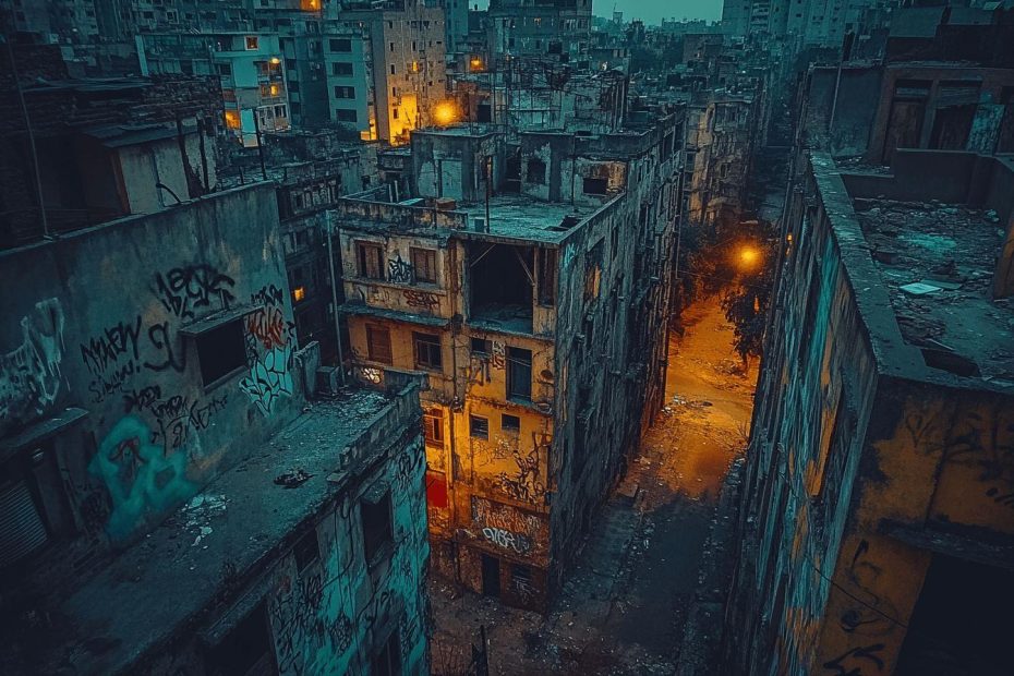 Bâtiments dégradés avec graffitis et lumières orangées nocturnes