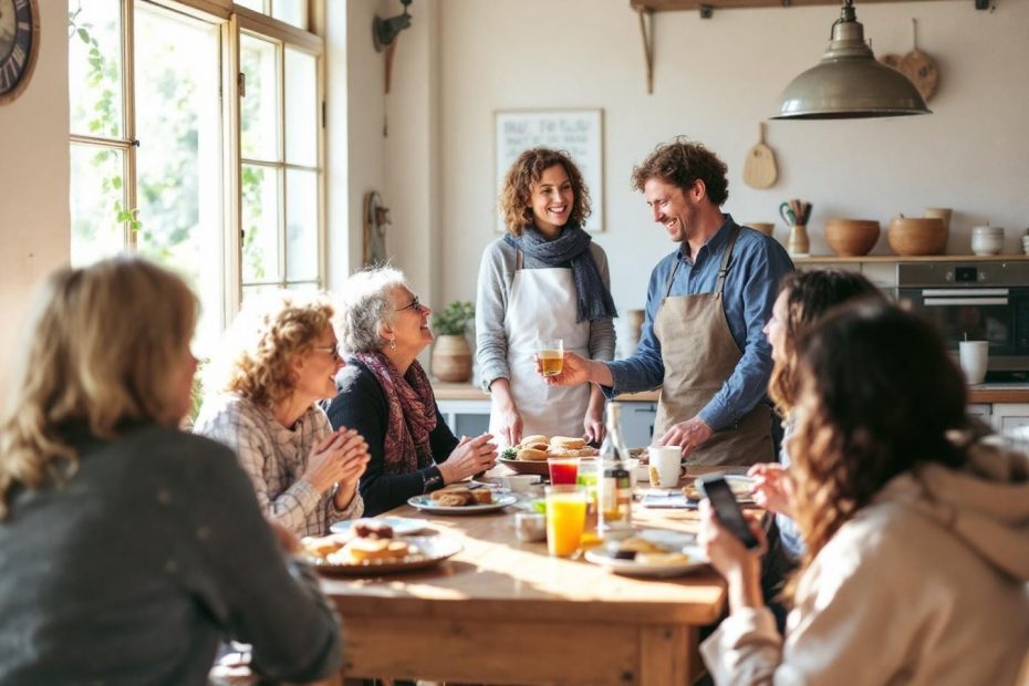 Groupe multigénérationnel autour d'une table de cuisine conviviale