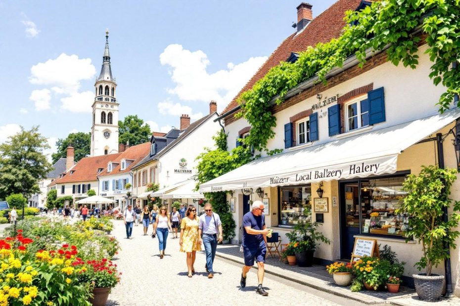 Rue pittoresque avec fleurs, magasins et clocher en arrière-plan