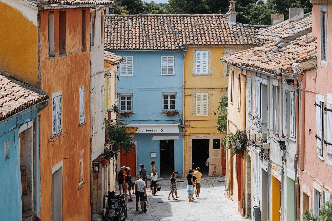 Ruelle colorée avec des maisons traditionnelles et des passants