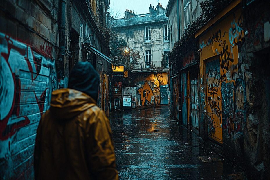 Passage étroit tagué avec figure solitaire sous la pluie