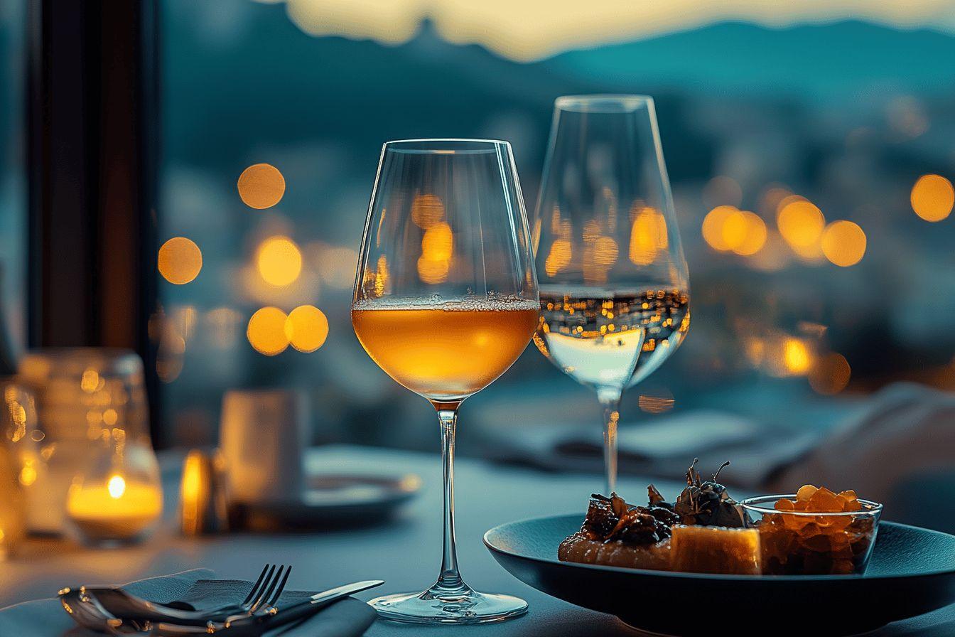 Deux verres de vin avec des lumières et un plateau de nourriture