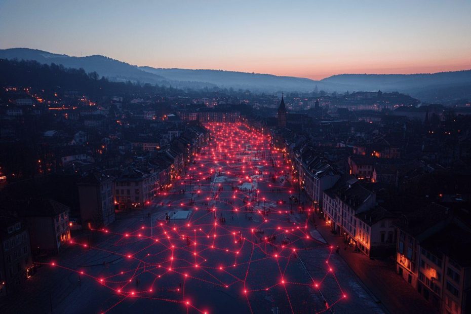 Place urbaine avec des lumières rouges connectées au crépuscule