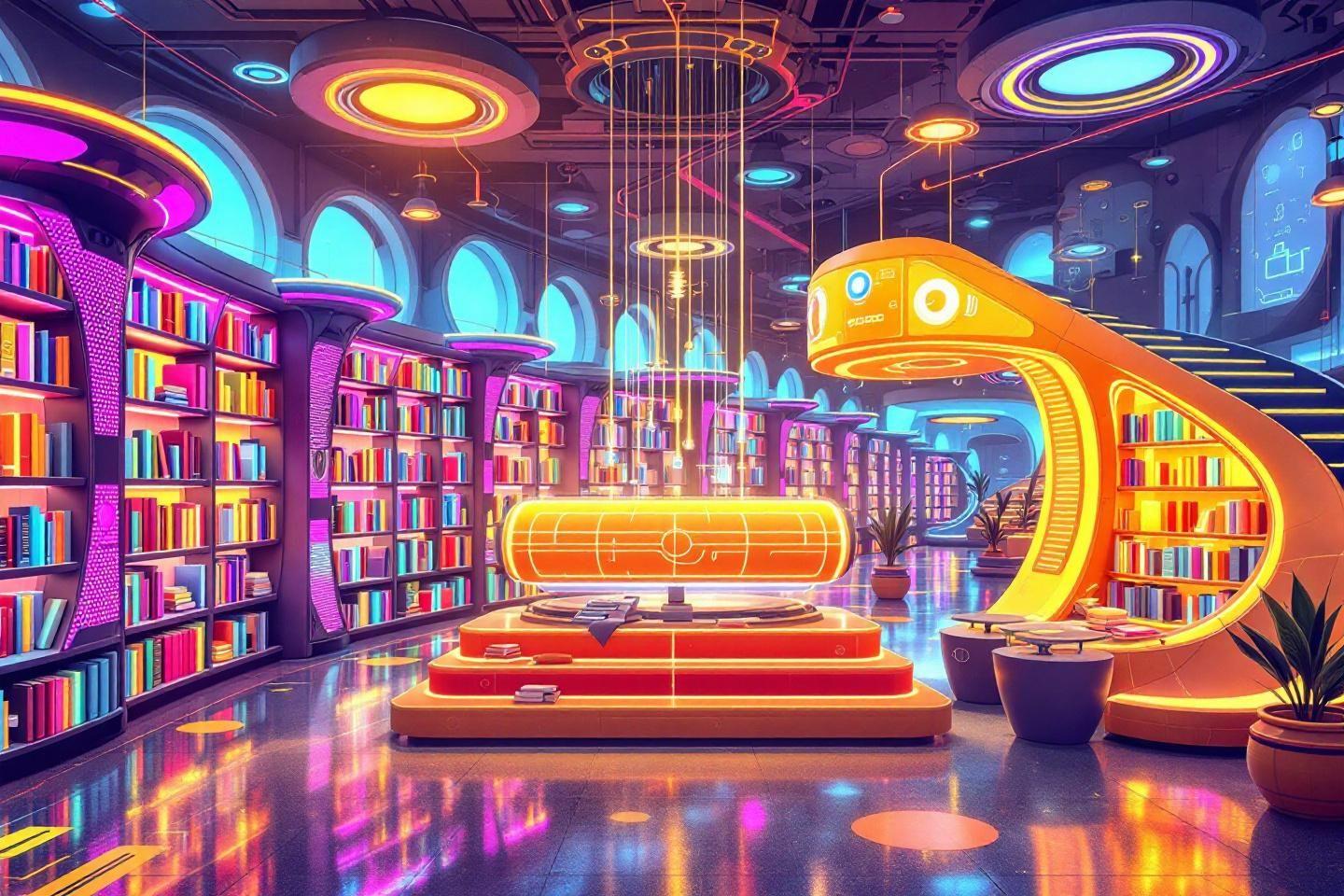 Intérieur high-tech coloré avec étagères et lumières circulaires