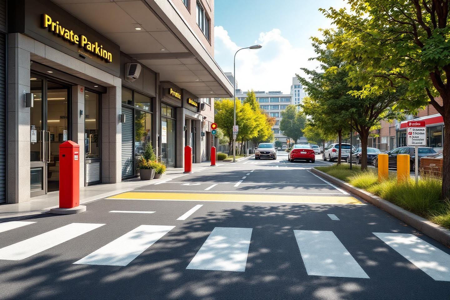 Rue avec passage piéton devant un parking privé moderne