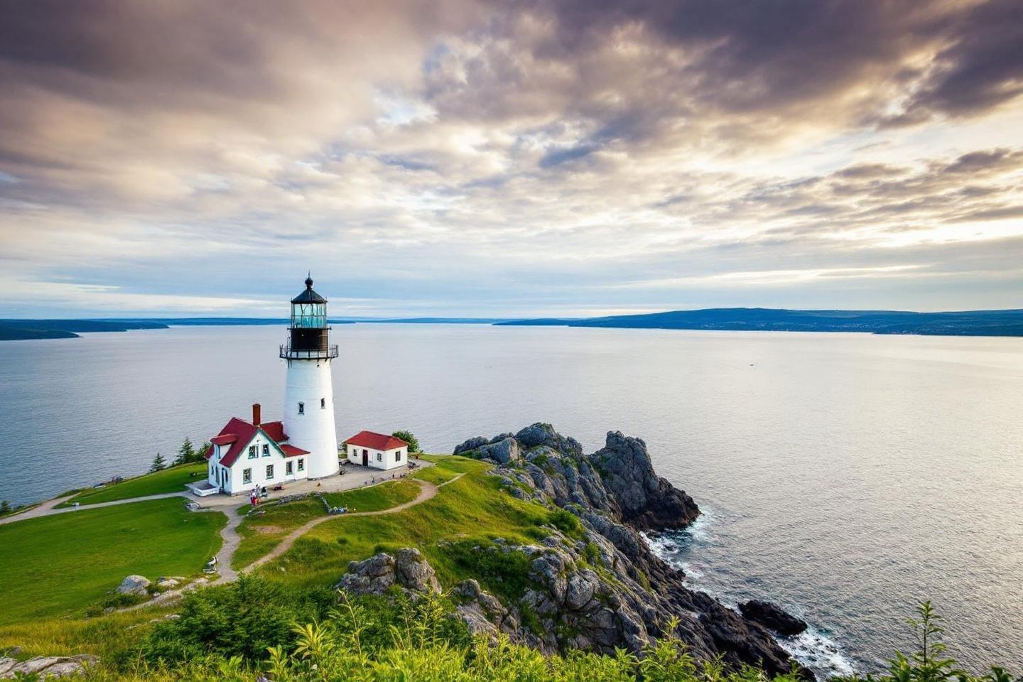 Phare blanc et rouge dominant un littoral maritime escarpé