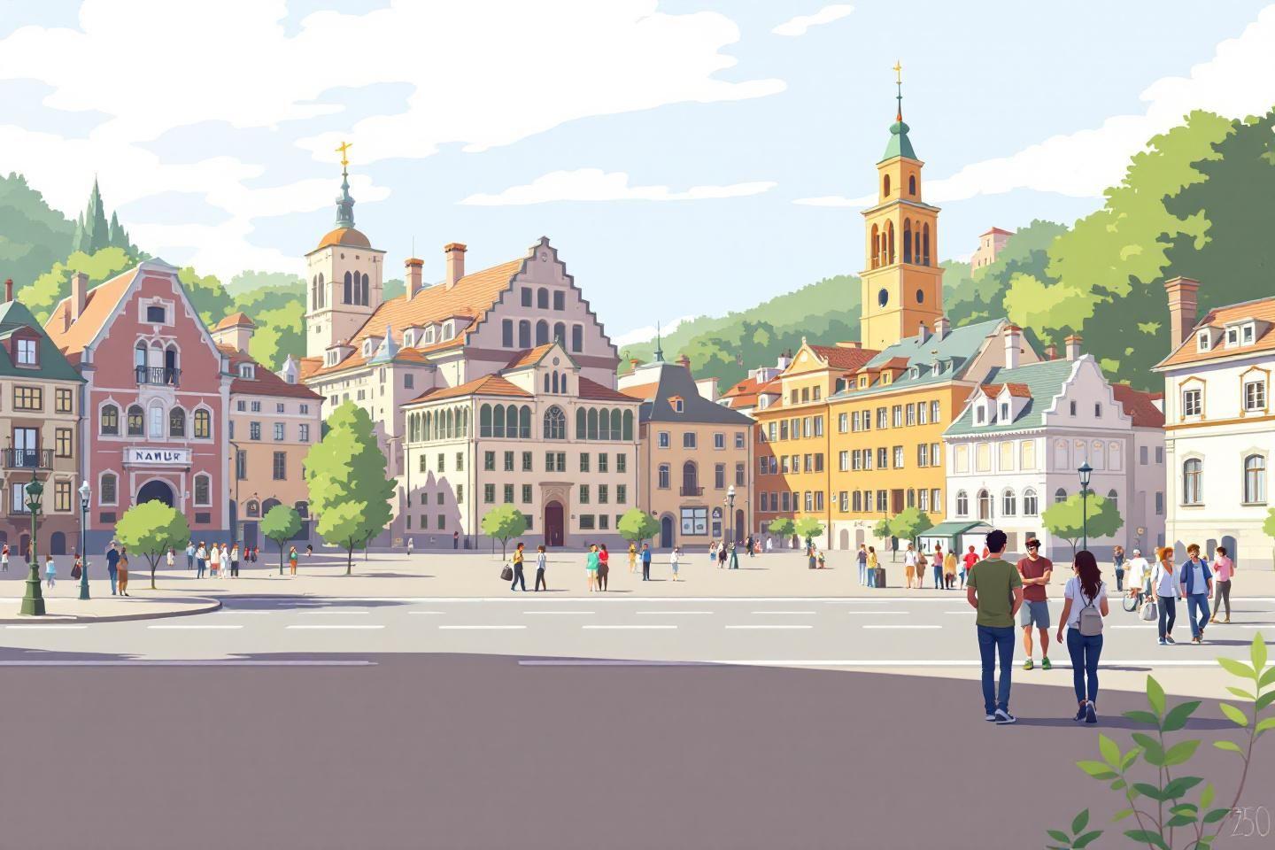 Vue d'une place historique avec bâtiments colorés et passants