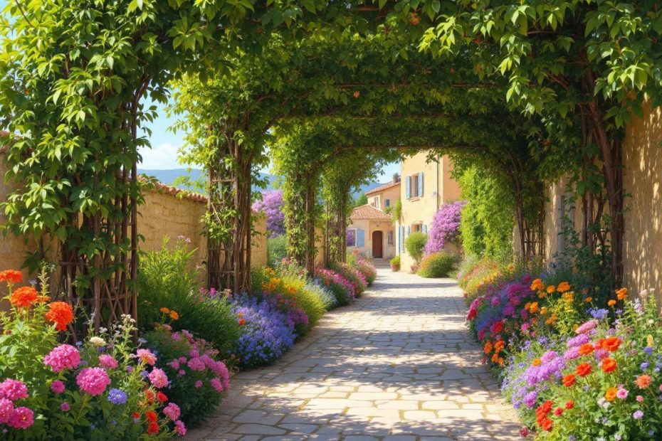 Chemin de pierre bordé de fleurs colorées sous une treille verte