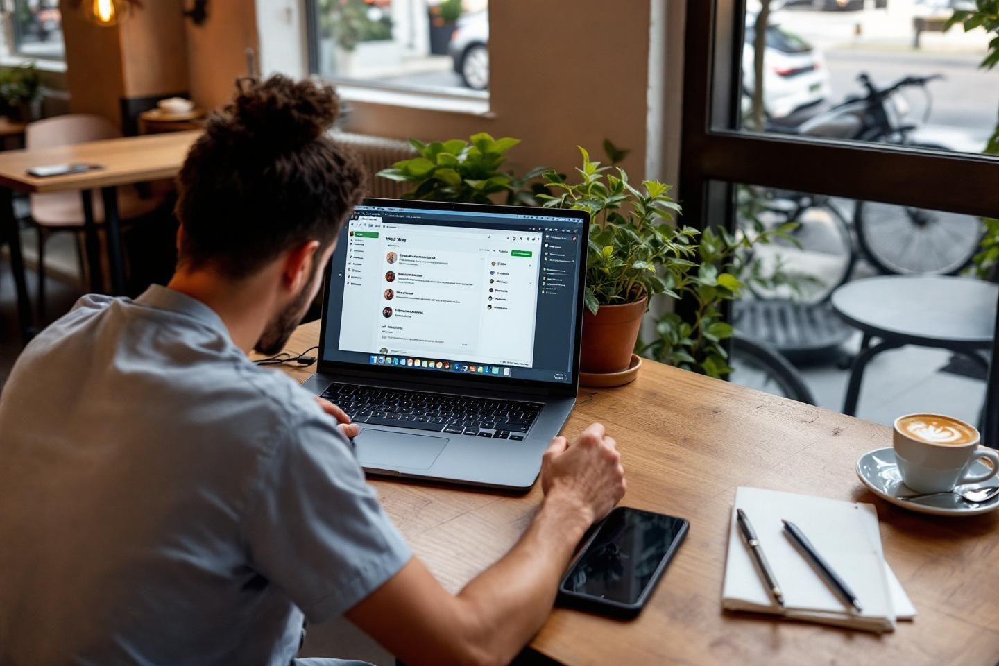 Homme au travail sur ordinateur portable avec café et plantes