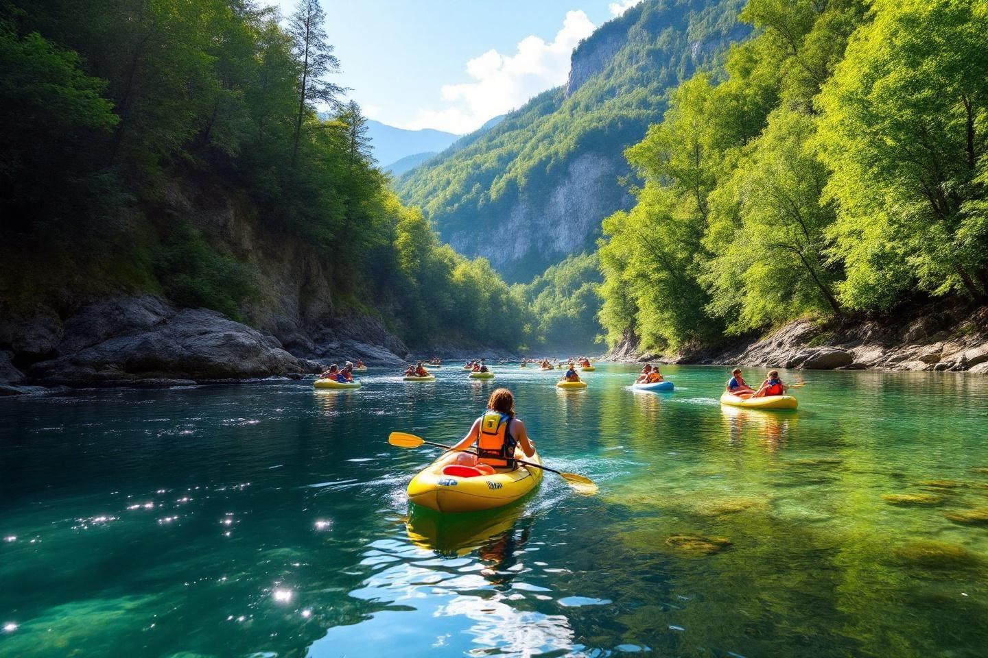 Kayakistes sur rivière turquoise entourée de montagnes boisées