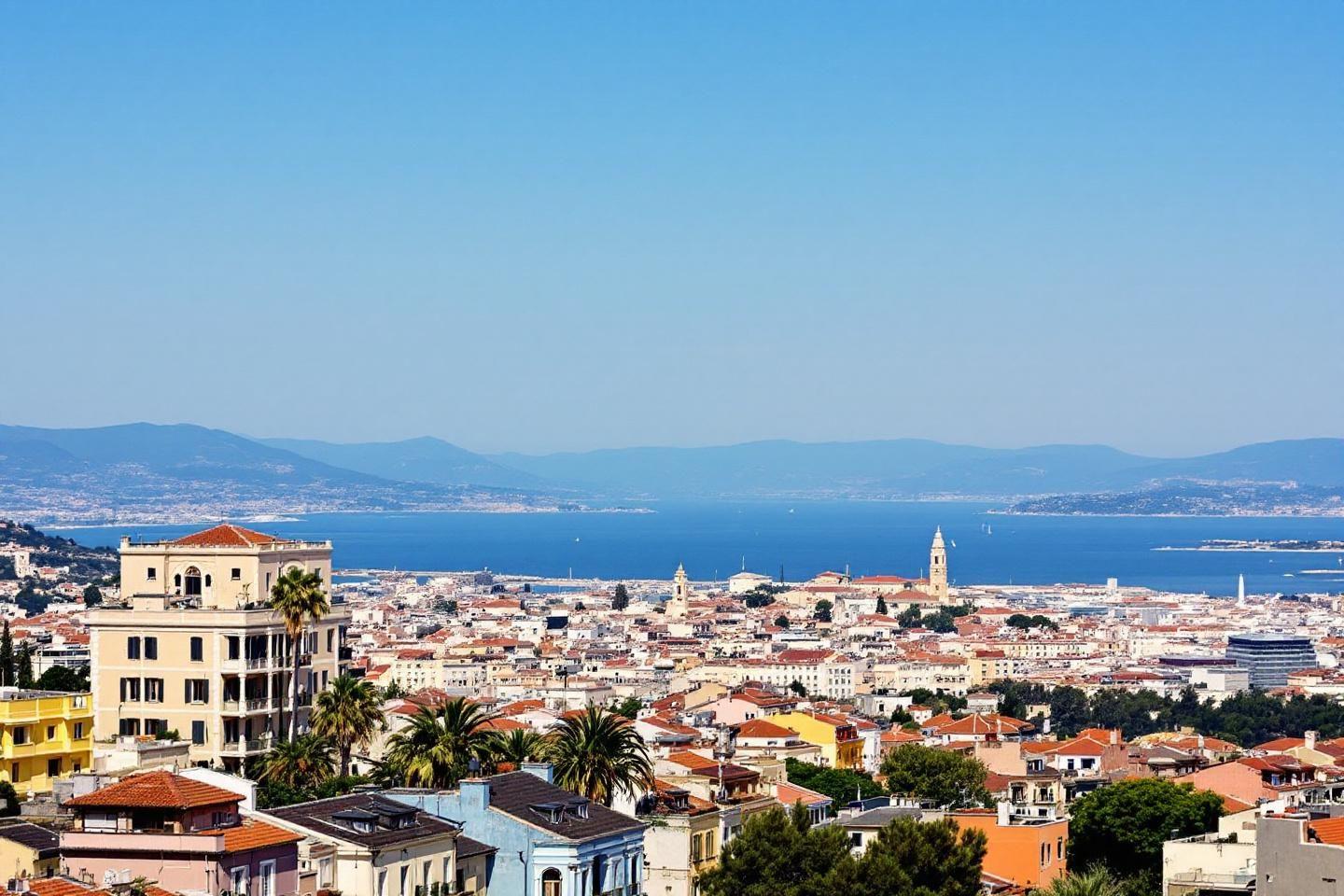 Panorama urbain de Cagliari avec mer et montagnes en arrière-plan
