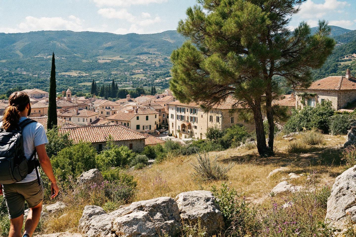 Randonneur contemple village médiéval au milieu des collines