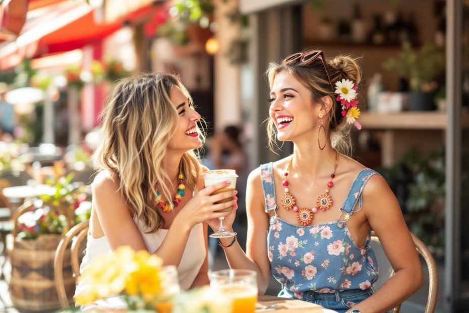 Deux femmes gaies buvant un verre en terrasse
