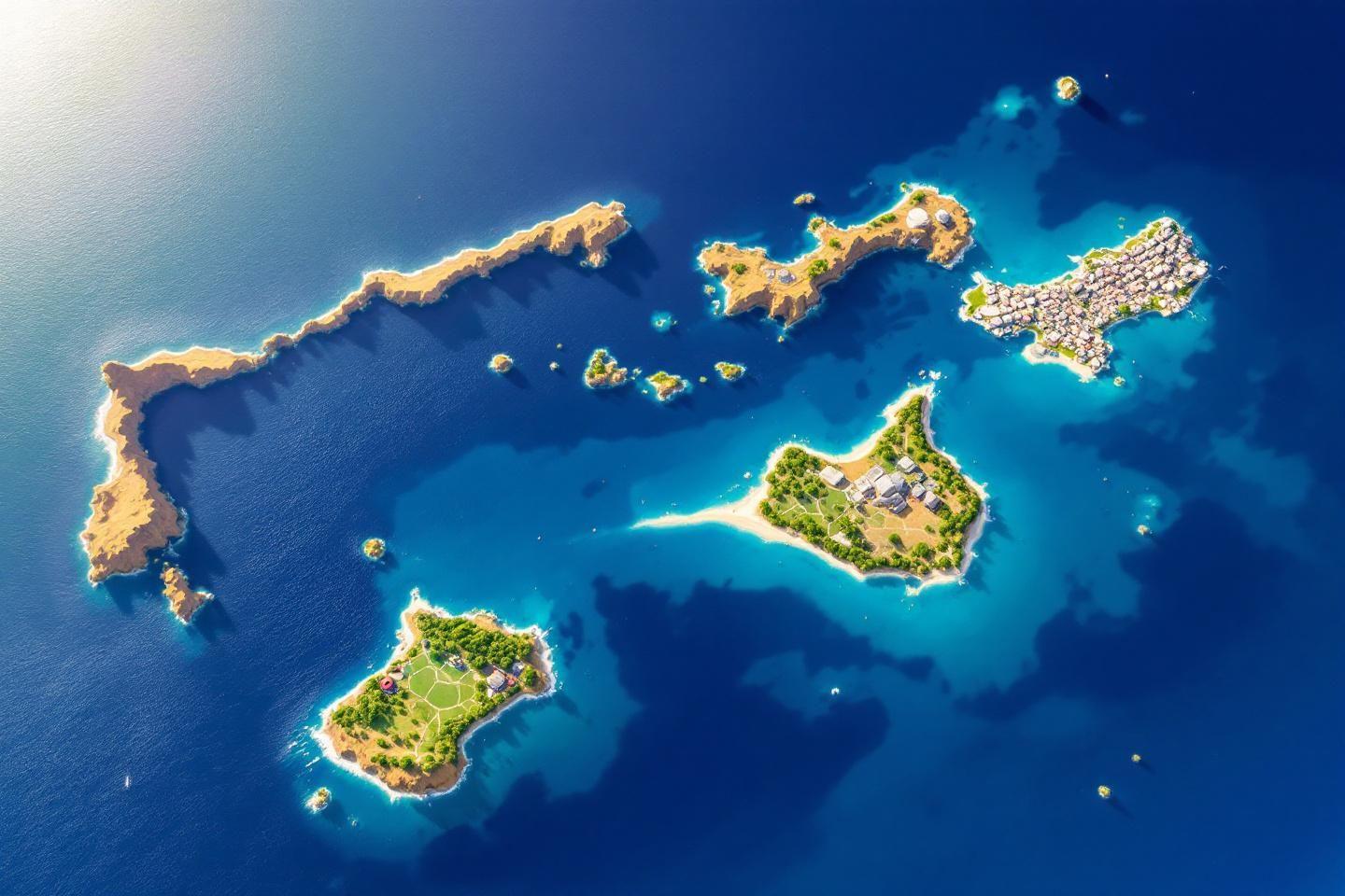 Îles verdoyantes dispersées dans une mer bleue profonde