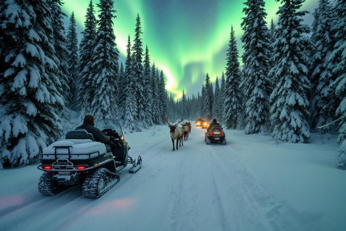 Motoneiges dans une forêt enneigée sous les aurores boréales