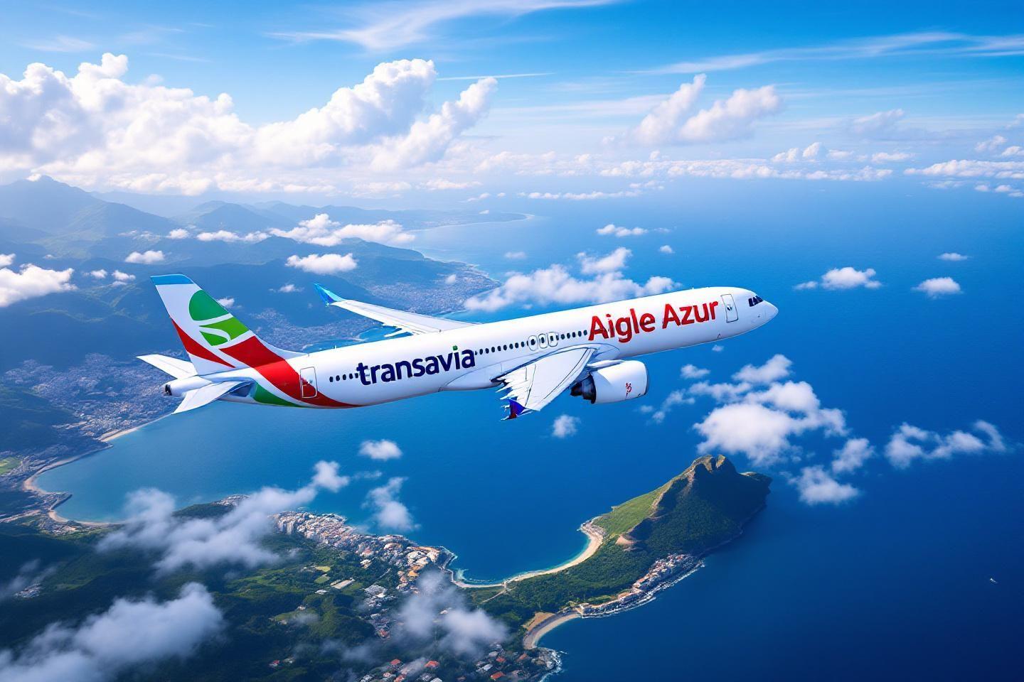 Avion de ligne blanc et rouge volant au-dessus d'une côte