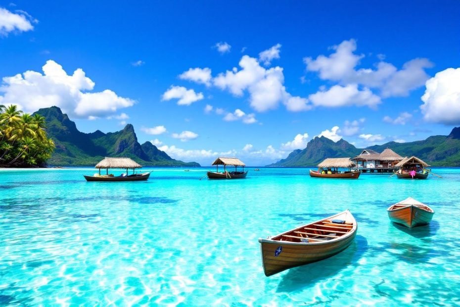 Bateaux en bois sur eau cristalline avec montagnes verdoyantes