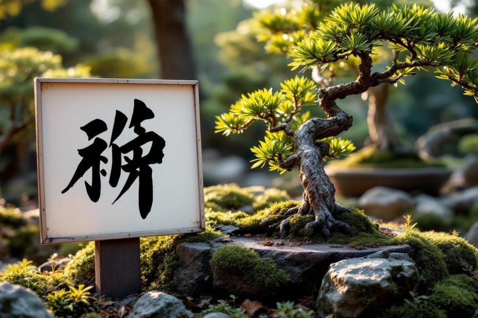 Petit bonsaï sur mousse avec panneau de caractère japonais
