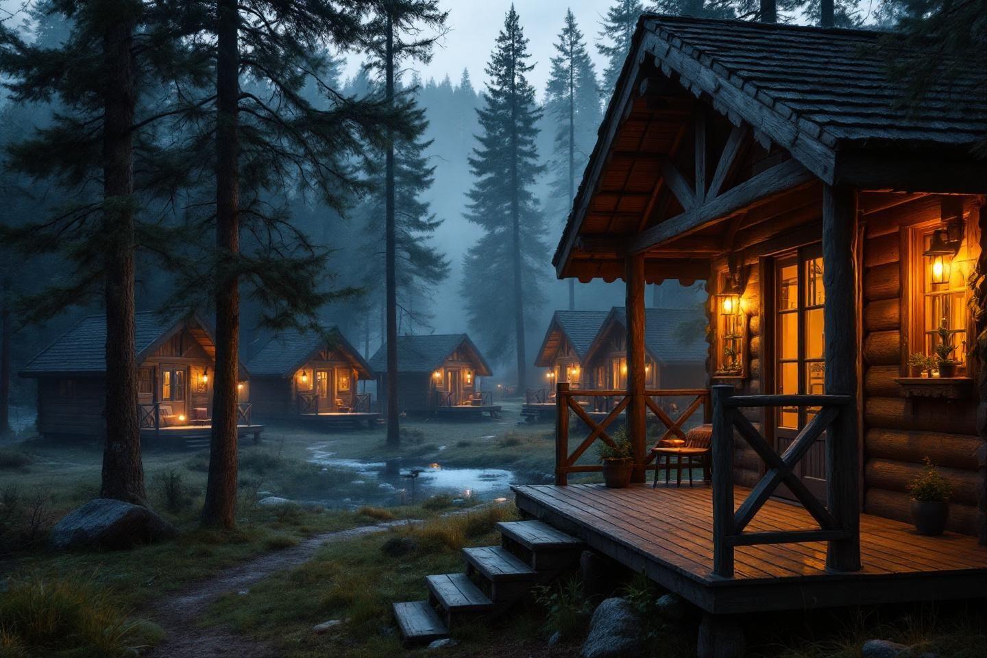 Cabanes en bois éclairées dans une forêt brumeuse de sapins