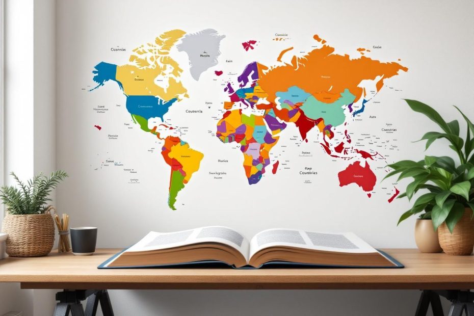 Carte mondiale colorée sur un mur, livre ouvert au premier plan