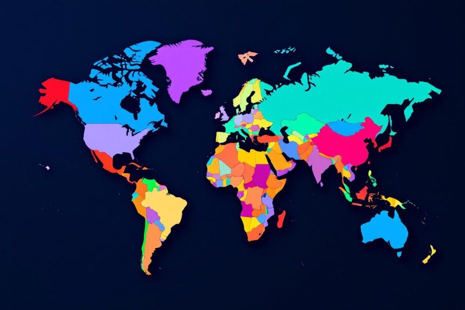 Carte du monde avec des pays colorés sur fond sombre