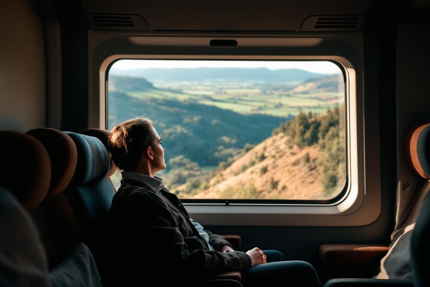 Passager observant un paysage montagneux depuis la fenêtre d'un train