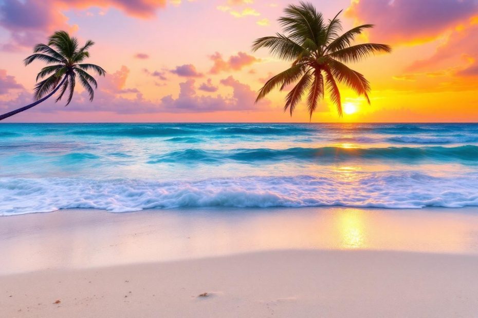 Palmiers sur plage de sable avec océan et ciel coloré