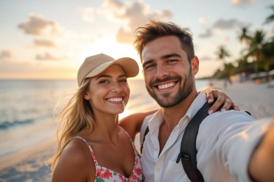 Deux personnes heureuses au coucher du soleil tropical