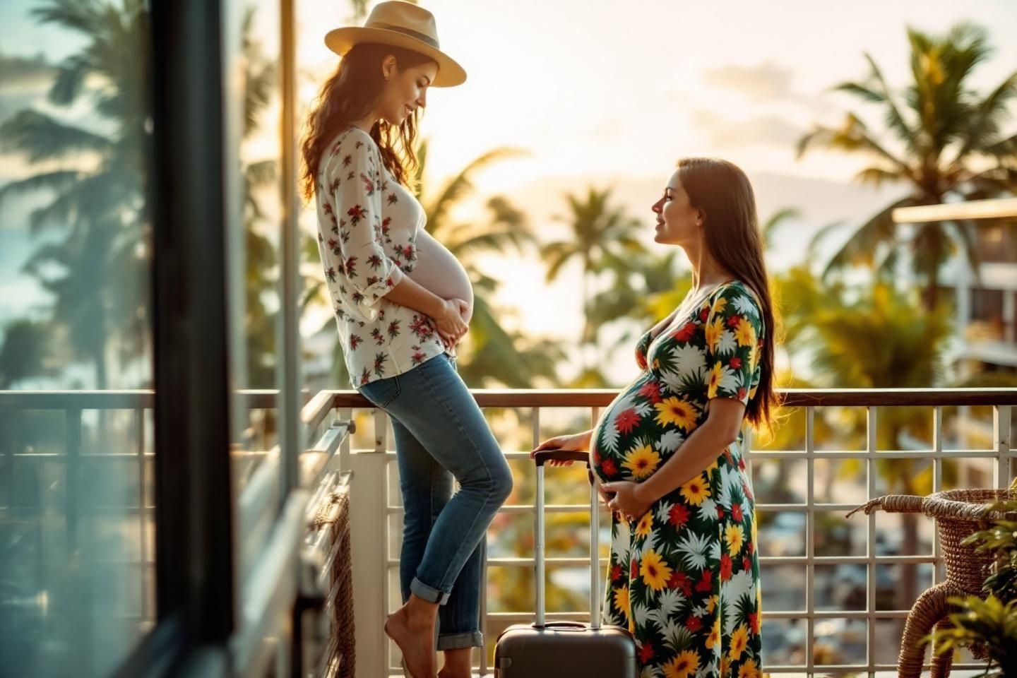 Femmes enceintes souriantes sur un balcon tropical