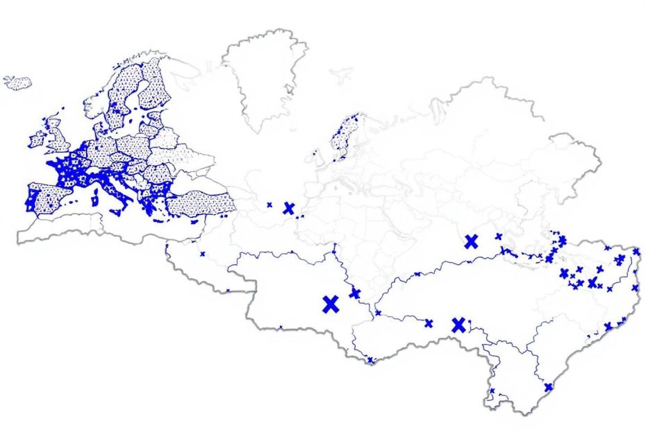 Carte montrant des points bleus dispersés en Europe et Asie