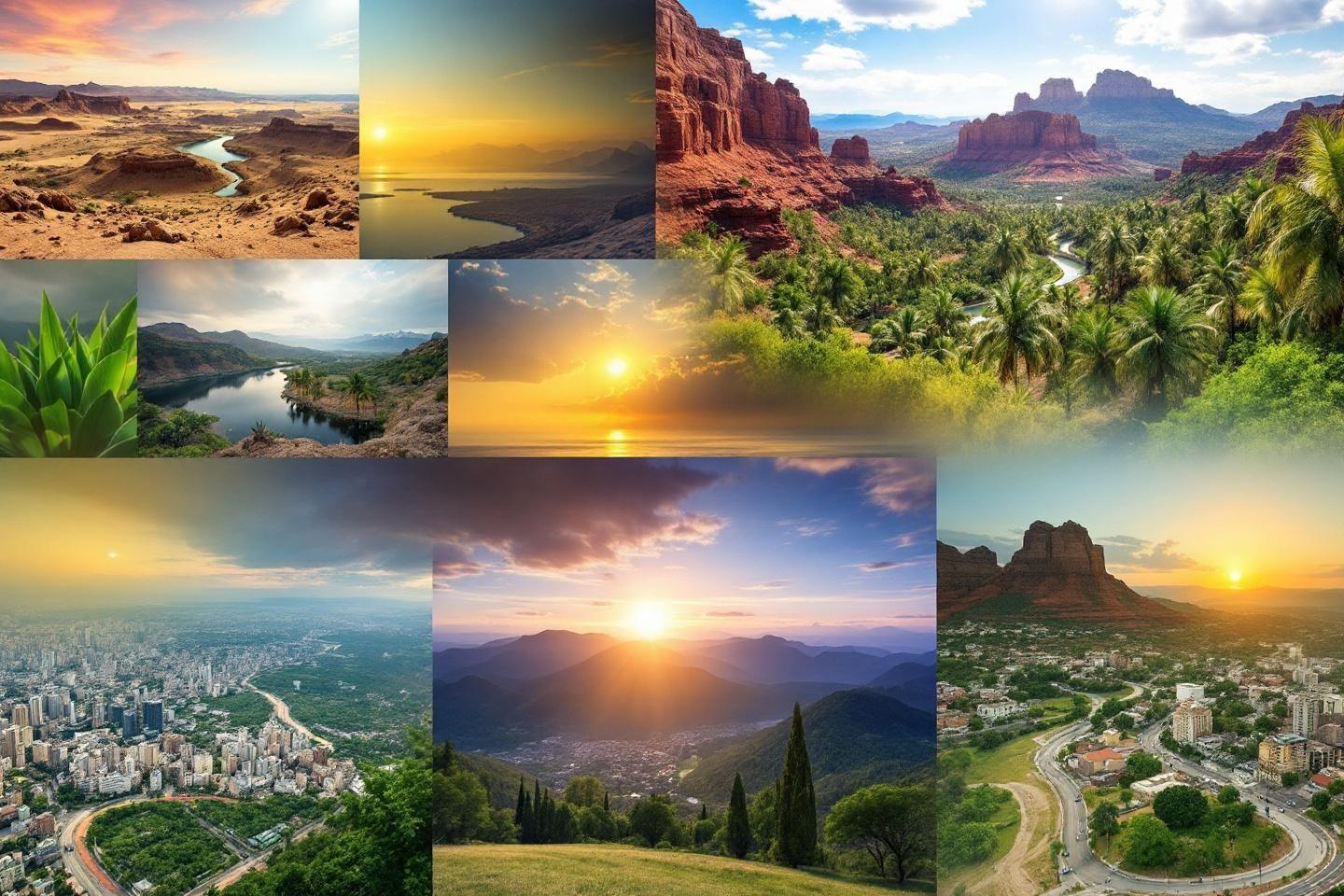 Collage de paysages variés avec couchers de soleil et montagnes