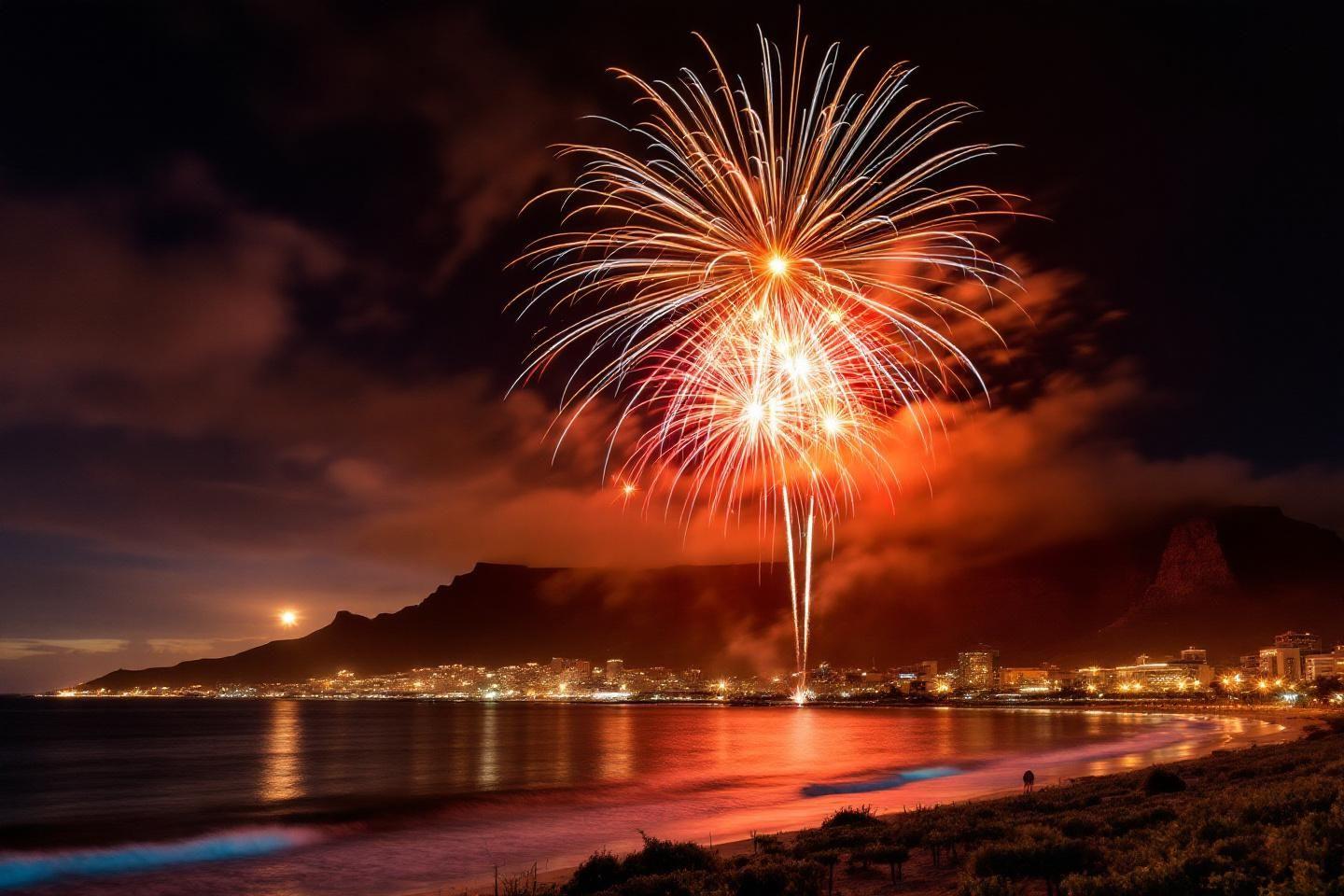 Explosion lumineuse de feux d'artifice au-dessus d'une ville côtière