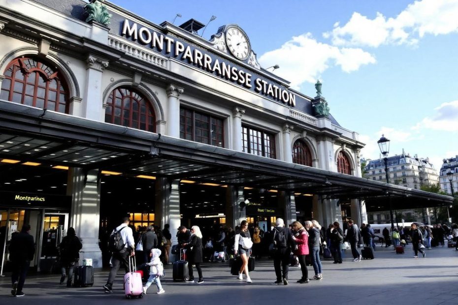 Façade de la gare Montparnasse avec voyageurs et bagages