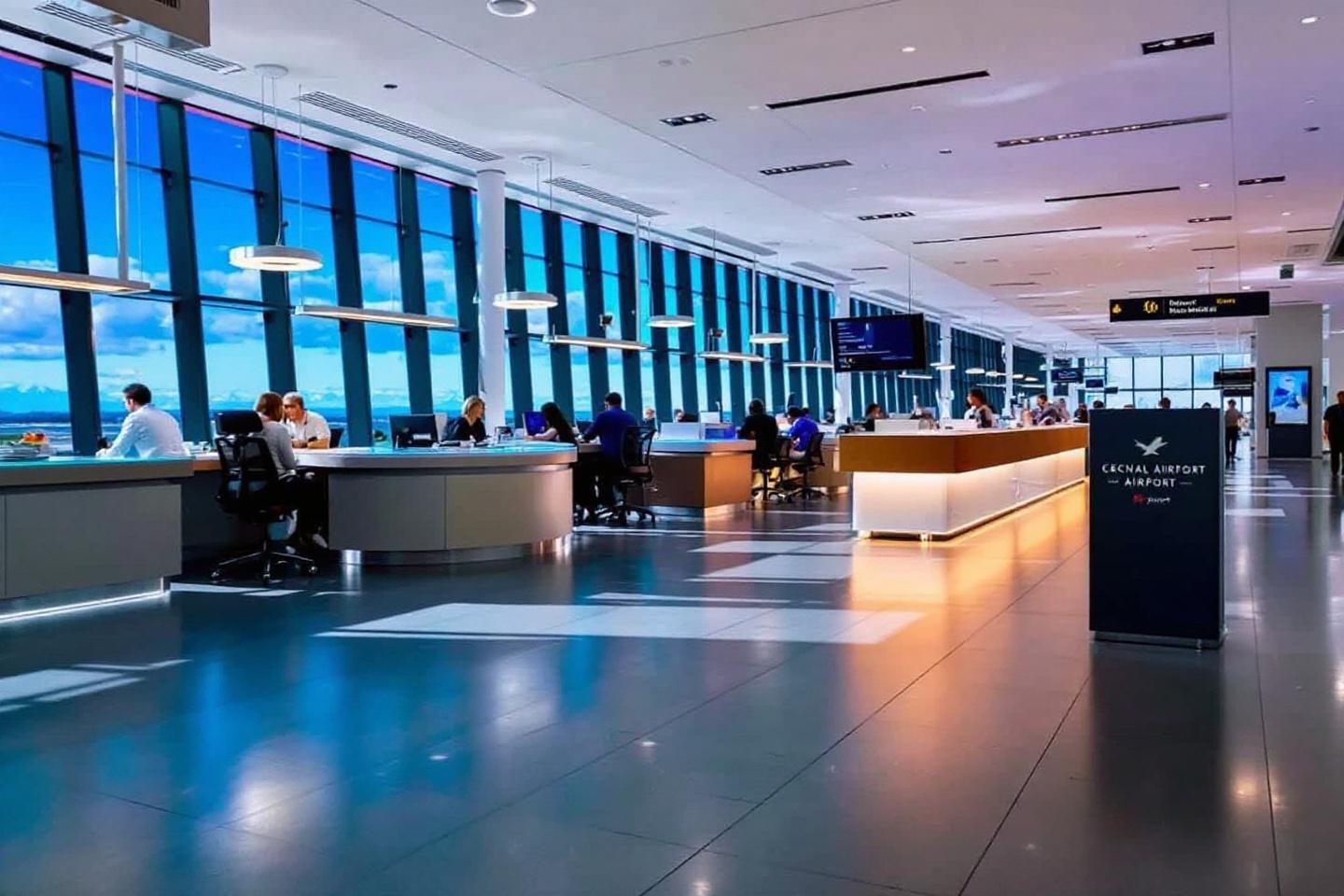 Intérieur spacieux d'aéroport avec comptoirs et grandes fenêtres