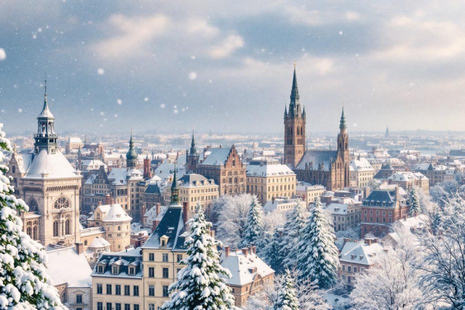 Paysage urbain enneigé avec cathédrales et toits blancs