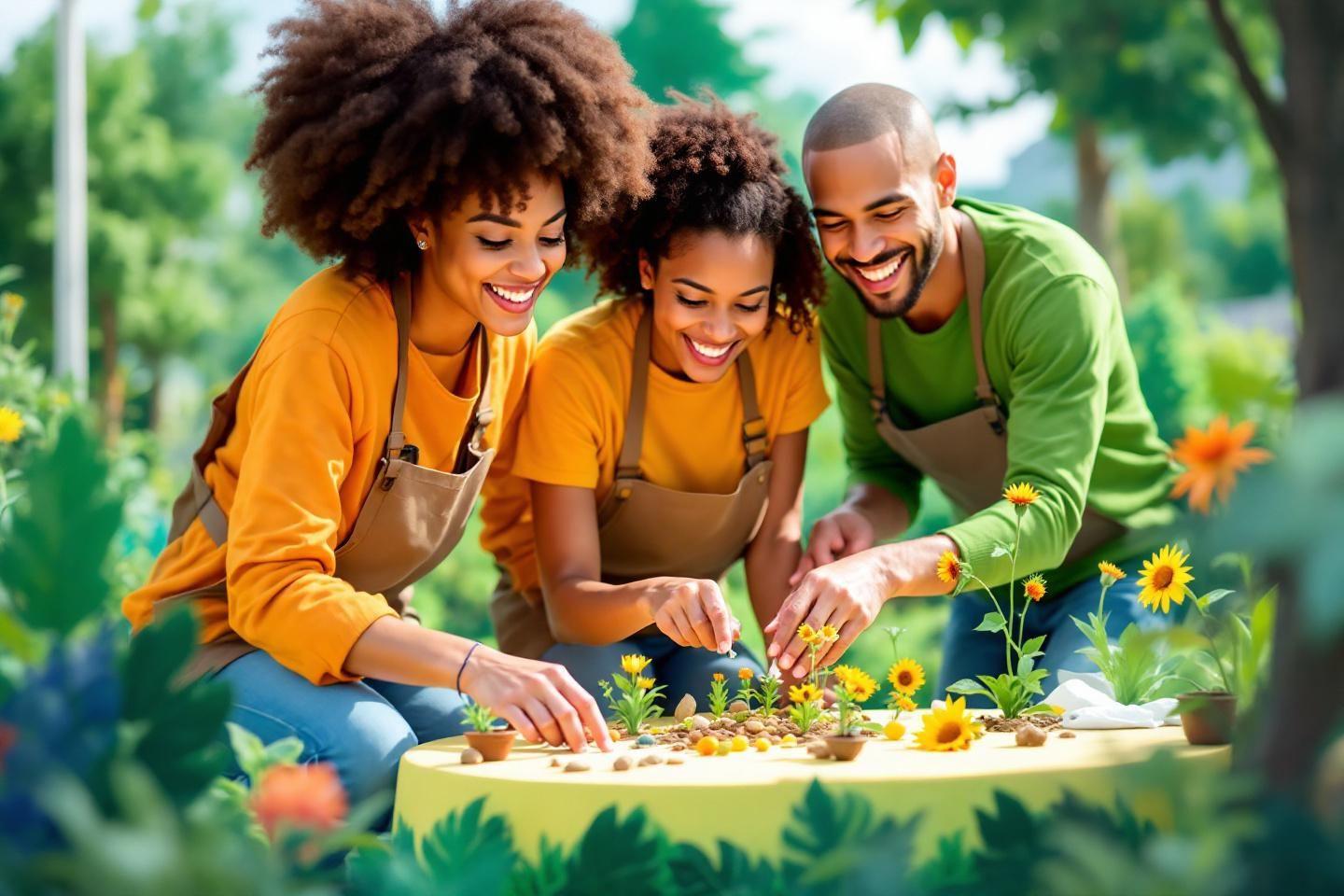 Trois personnes plantant des fleurs sur une table de jardin