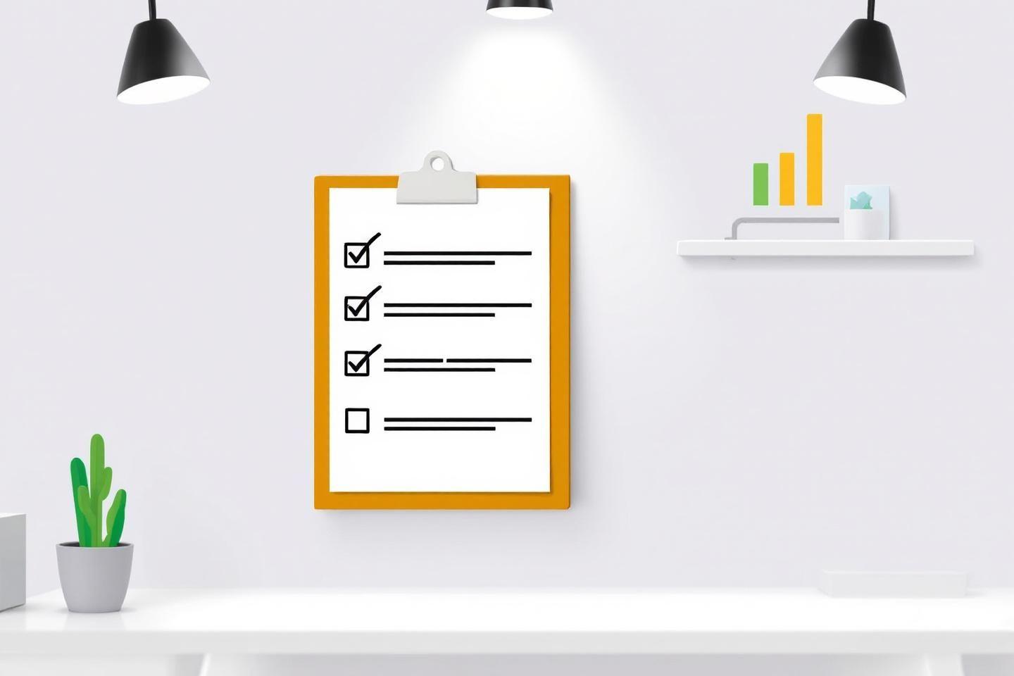 Tableau de checklist avec lampes, graphique et plante sur étagère blanche