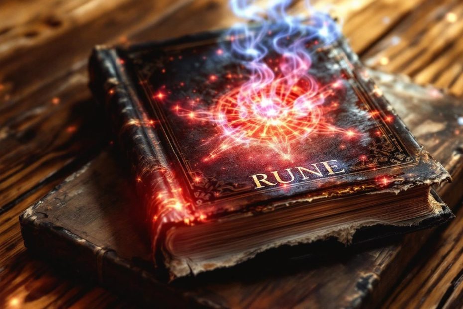 Vieux livre ouvert avec des runes lumineuses et des flammes mystiques