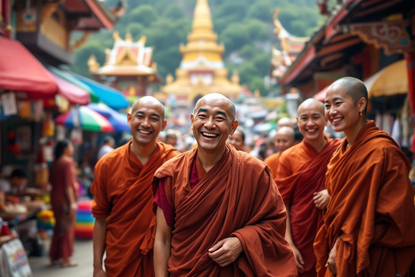 Moines en robe orange souriants devant un temple doré