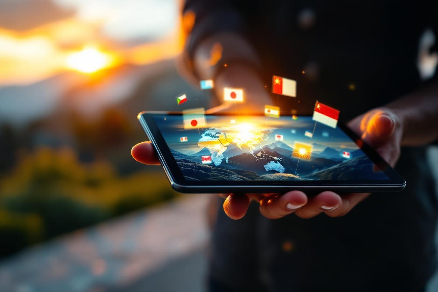 Tablette affichant une carte du monde avec des drapeaux