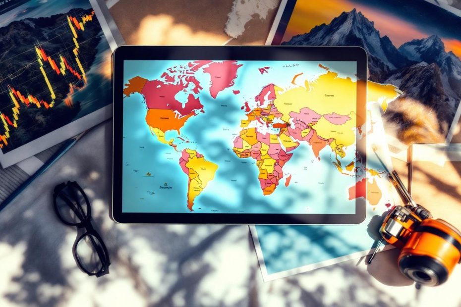 Tablette affichant une carte mondiale avec graphique boursier