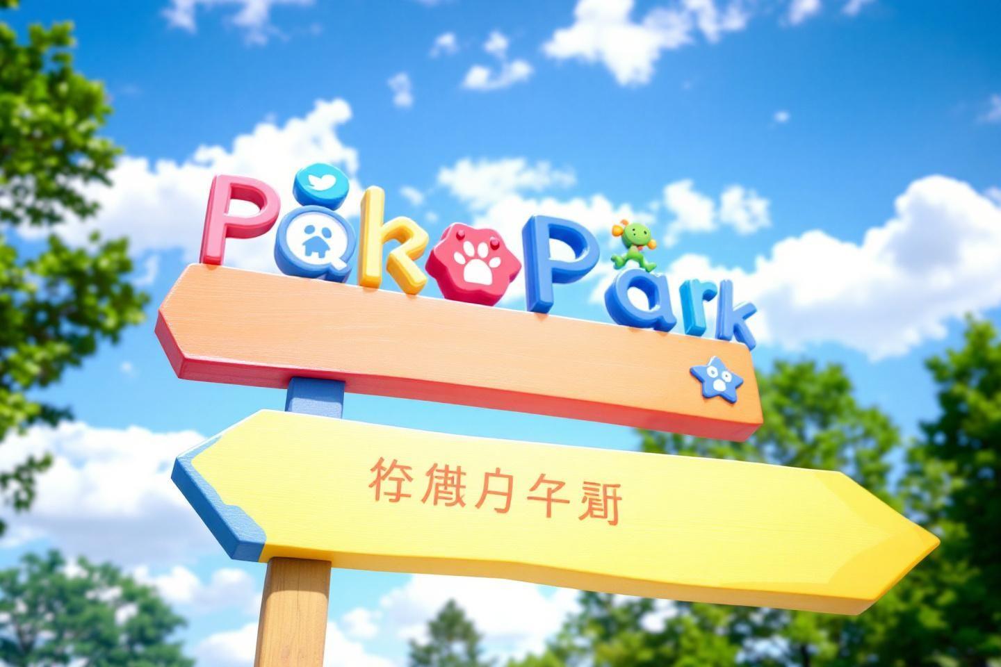 Panneau de signalisation coloré avec logo Poképark dans un ciel bleu